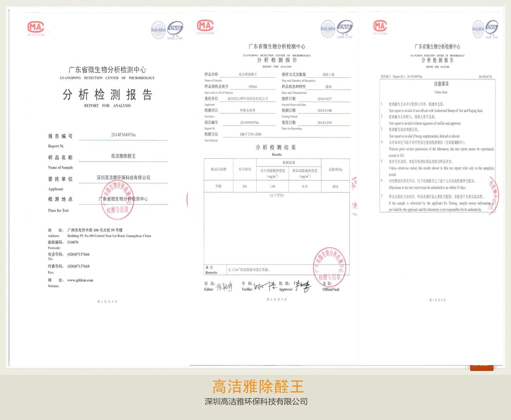  高洁雅-高洁雅除醛王检测报告